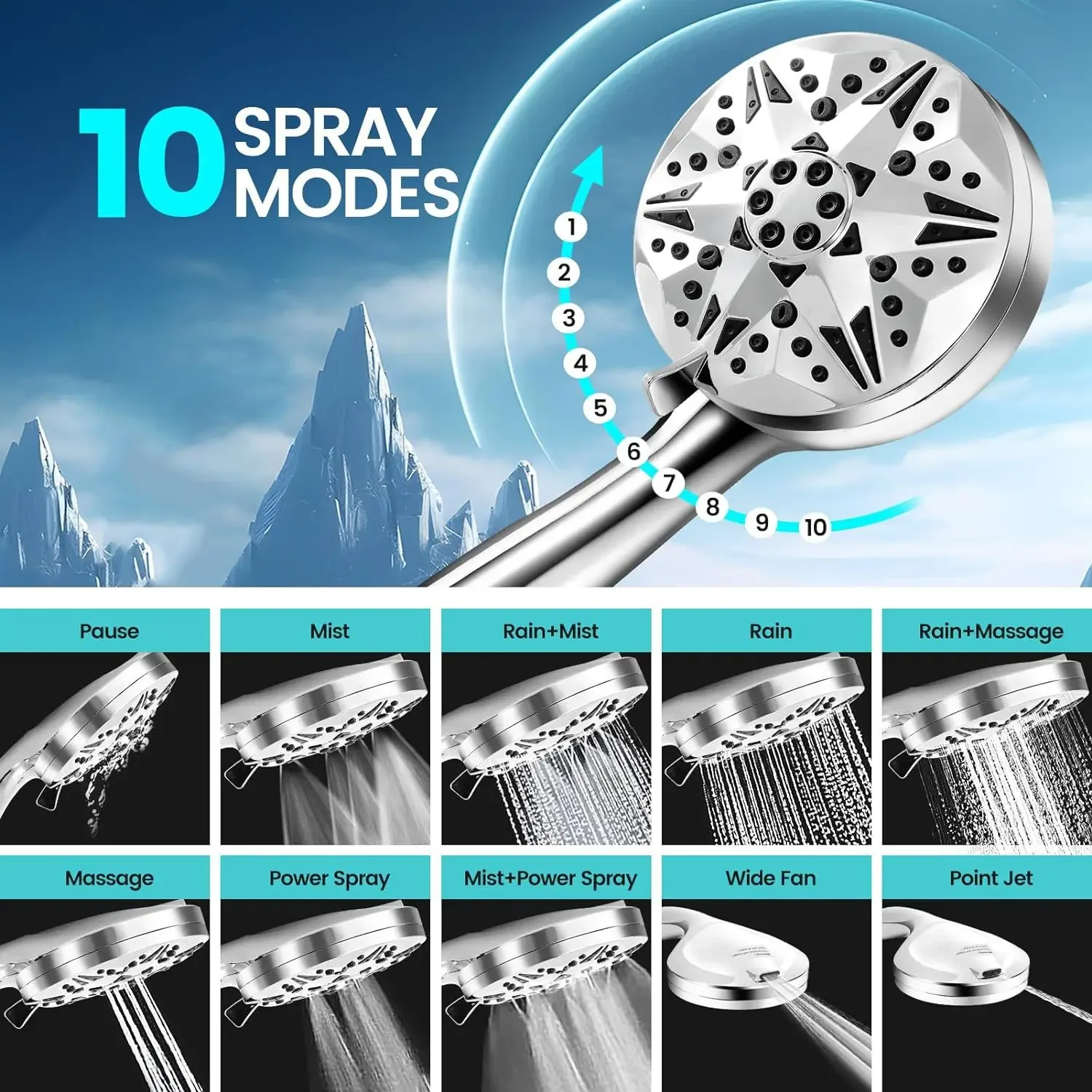 Shower showerhead with 10 functions, back water outlet showerhead, shower spray gun, water showerhead, handheld showerhead