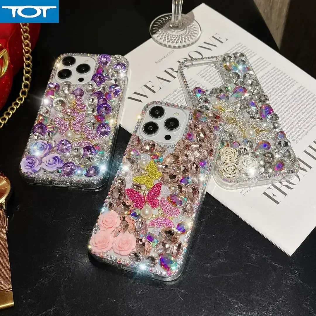 الفاخرة مرصع بالجواهر الماس زهرة الفراشة حجر الراين القضية آيفون هواوي P50 P60 P70 الترا ماتي 50 60 برو الحالات الهاتف