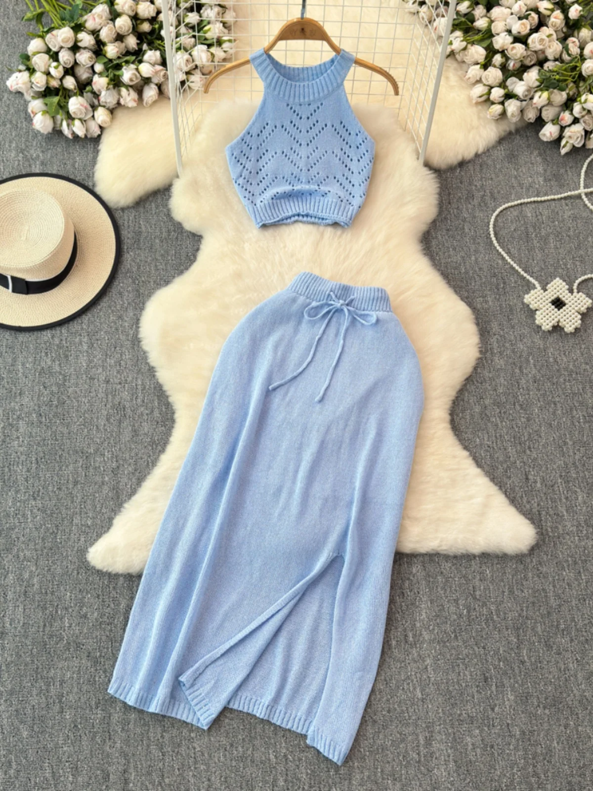 Sexy ort Knitted f-length Split Skirt And Tube Top Two-piece Set for Young Women Trendy Ensemble Hollow out Design