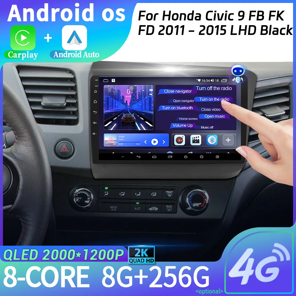 Android 14 Car Multimedia Navigation Wireless Carplay Stereo Head Unit Screen For Honda Civic 9 FB FK FD 2011-2015 LHD Black