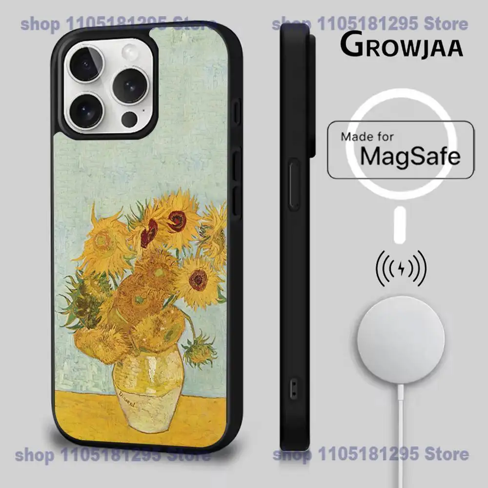 해바라기 아트 V-반 고흐 폰 케이스 아이폰 17,16,15,14,13,12,11,프로,맥스,플러스,미니,SE4,E용 마그네틱 맥세이프 무선 충전