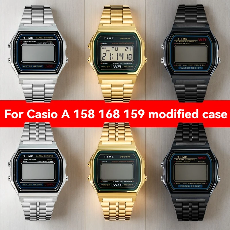 طقم عصري من الفولاذ المقاوم للصدأ لـ Casio A158/A159 WA/F91-إطار معدني مع عدسة زجاجية مقاومة للماء |   اكسسوارات الساعات DIY