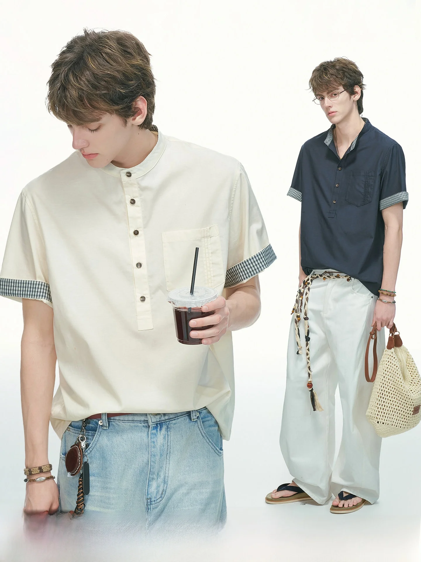 

Men's Summer Short Sleeve Shirt Plaid Henry Collar Dream Made Youth Fashion Breathable Comfortable Lycell Fiber Blend