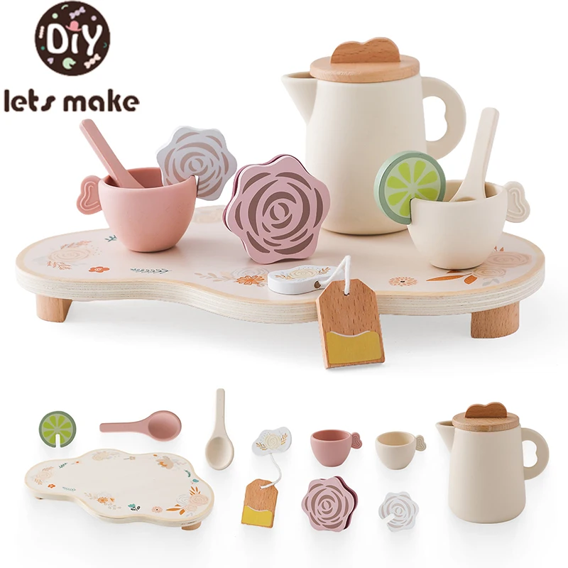 Let's Make-Service à thé en bois pour enfants et parents, jeu de simulation, gâteau de cuisine, jouets en silicone pour filles, tasse à thé