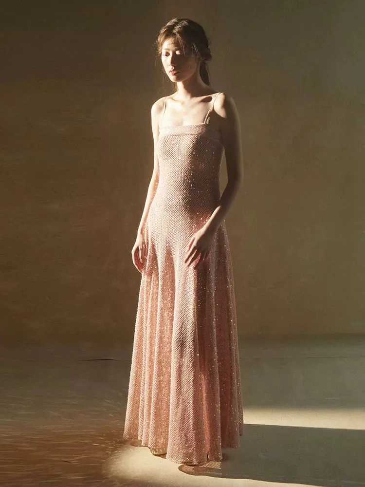 

Custom Pink Sequin Mesh Evening Gown Spaghetti Strap Square Neck A Line Maxi Dress For Prom Wedding Formal Events