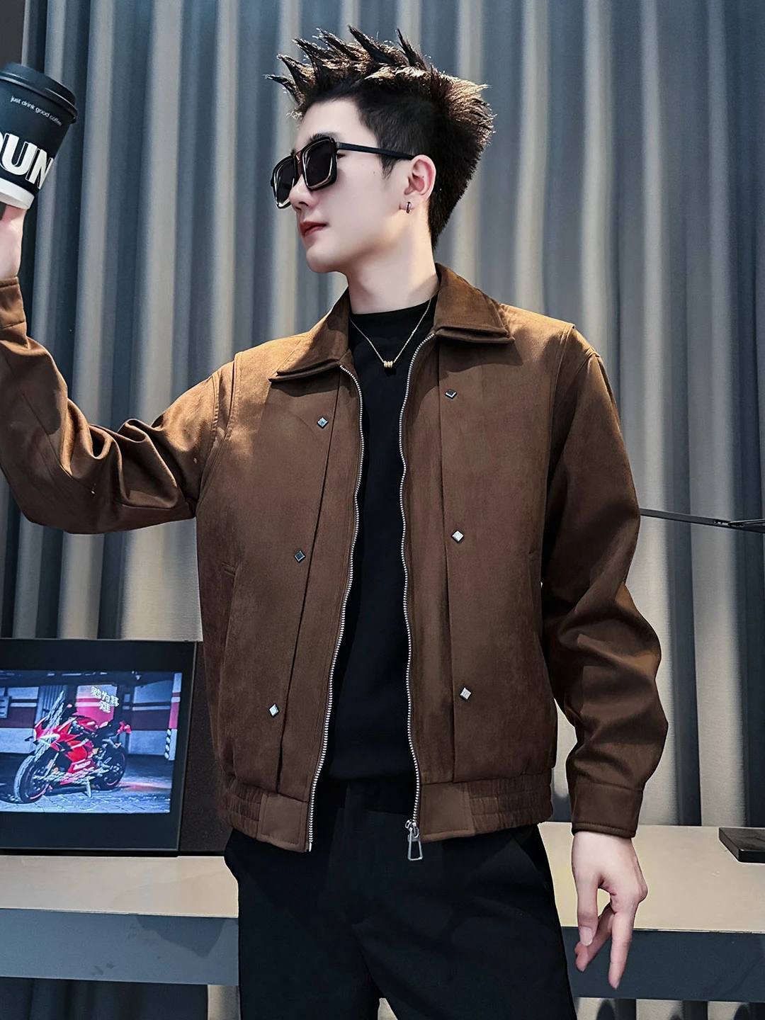 Capispalla Jaet con risvolto a doppio strato caramello Capispalla di marca alla moda Pelle scamosciata Calore Autunno Inverno Abbigliamento da lavoro americano di fascia alta Top Haome