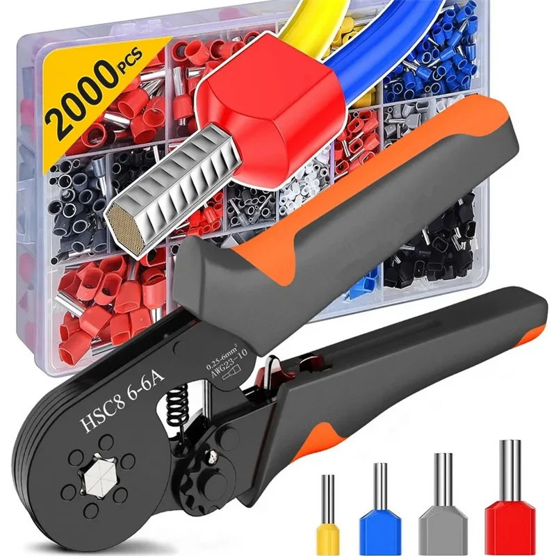 Sześciokątny, samoregulujący zestaw narzędzi do zaciskania tulejek zapadkowych 23-10AWG 0,25-6 mm² z 400-2000 szt. końcówek przewodów