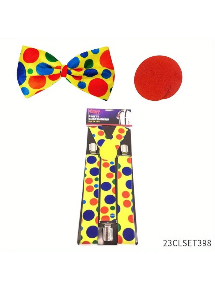 Ensemble de vêtements de fête d'Halloween contenant des bretelles colorées à pois, nœud papillon, nez de clown rouge, adapté au cosplay d'Halloween, 1 pièce