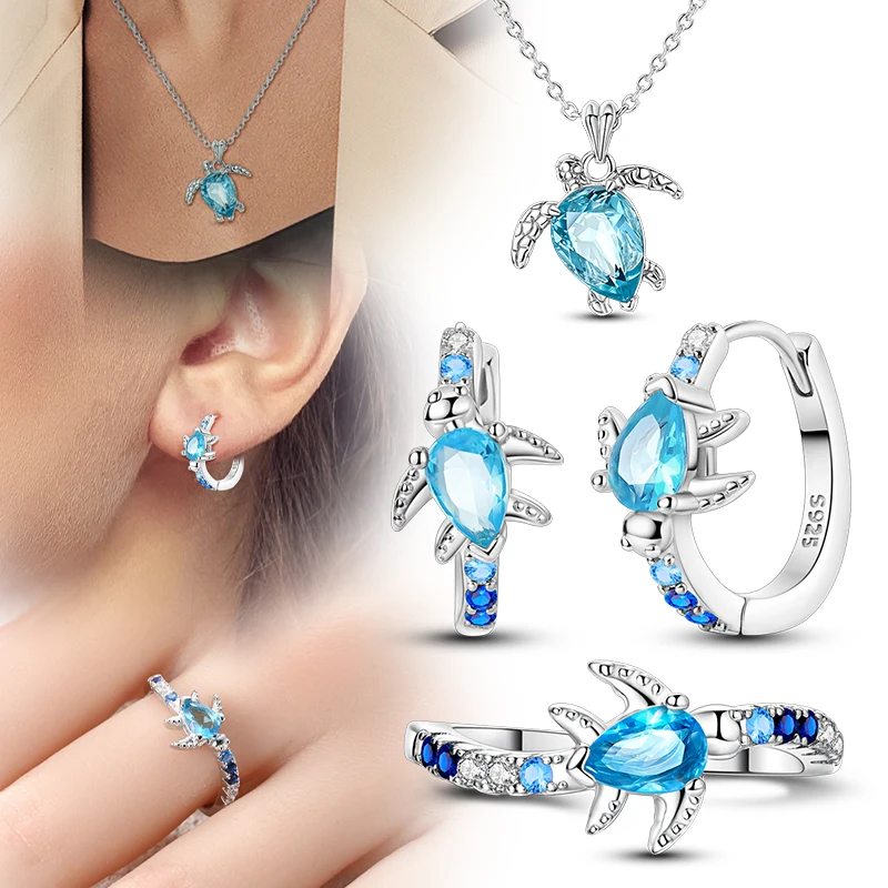 Juego de Joyería Original de Plata de Ley 925, Aretes, Anillos y Collar con Diseño de Tortuga Brillante para Mujer, Regalo de Joyería Fina y Elegante