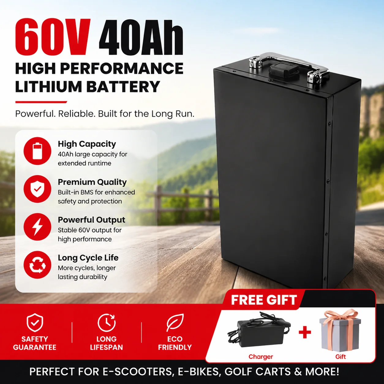 60V 40Ah Lithium-Akku für Elektromotorräder, 2000W Hochleistungsmotor geeignet für Harley Davidson Folding Citycoco Elektroroller, inklusive kostenlosem Ladegerät