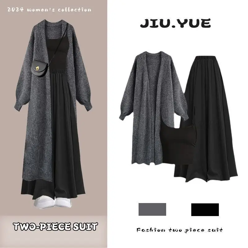 Jesienno-zimowy nowy koreański długi płaszcz dzianinowy, czarny top na ramiączkach + spodnie casualowe, elegancki damski zestaw 3-częściowy