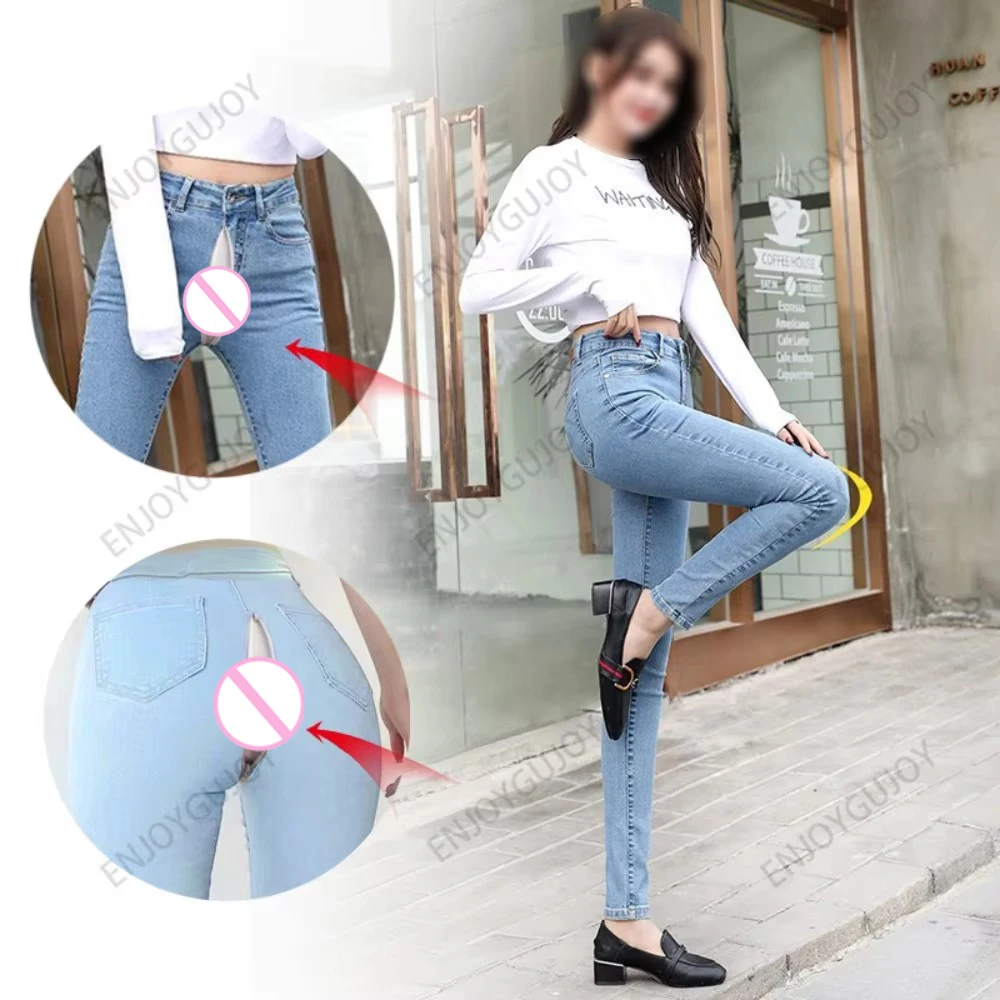 

Slim Fit Leggings Women,Invisible Open Crotch Outdoor Sex Cowboy Pencil Pant,Light Blue Jeans,High Waist,Elastic,Slim,Light Blue