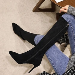 Slim Stretch Women's High Boots Zipper Flock Knee High Boot Women Shoes Beige Black Pointed Toe Party Long Shoes Lady Big Size