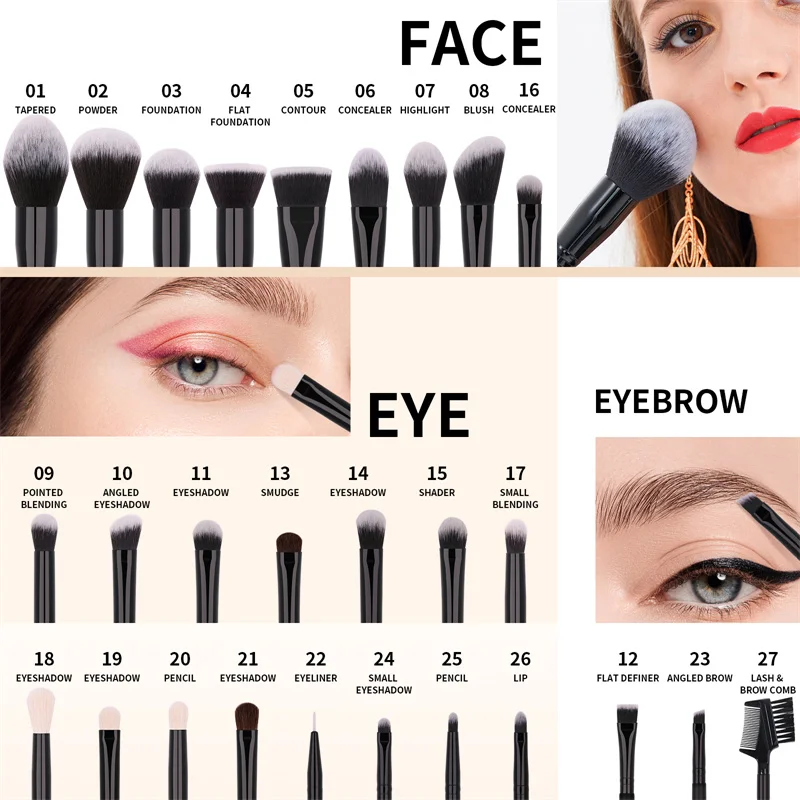 DUcare 27pcs Makeup Brush Set Professional Cosmetics Blushes Foundation Eyeshadow Eyelash Beauty Make Up Tool with Makeup Bag