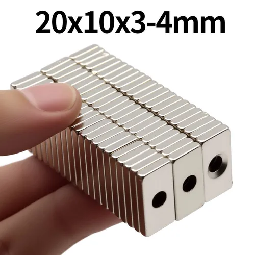 Imán de neodimio súper fuerte N35 NdfeB bloque magnético permanente con agujeros imán potente imán de refrigerador 20x10x3-4