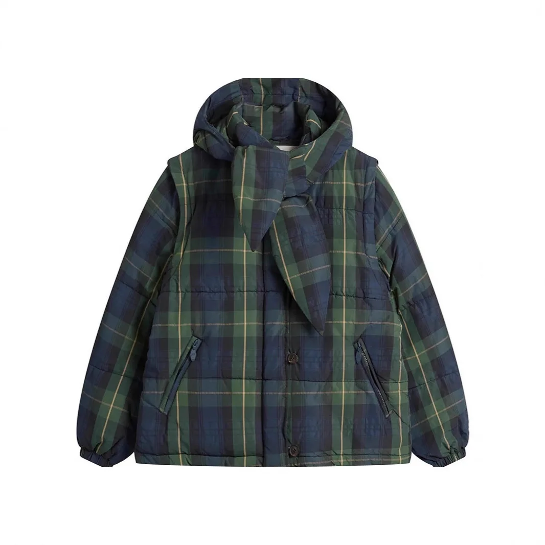 

FL Warm Plaid Puffer Cotton Coats Women Full Sleeve Detachable Hood Tie Scarf Coat 2025 Autumn Winter Lady Chic Casual Outerwear