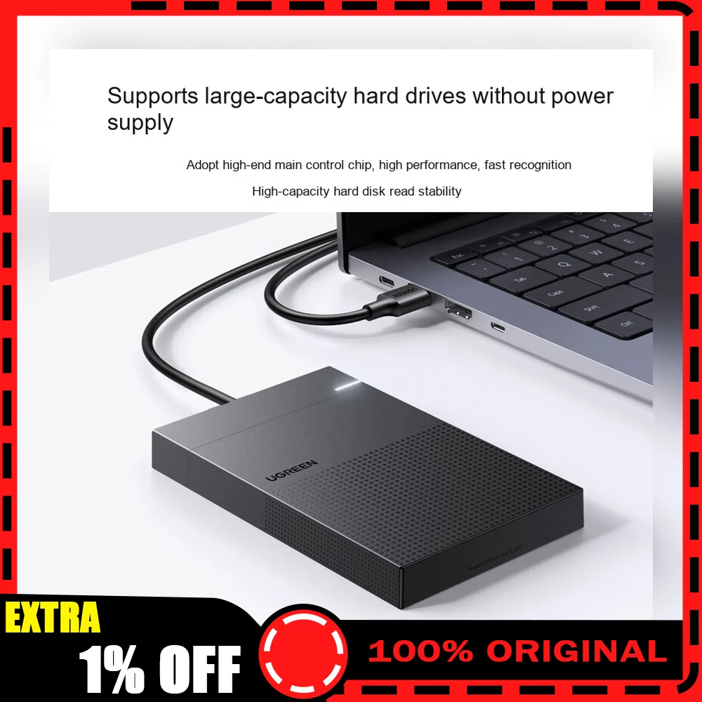 UGREEN 30719 CM471 2.5 Inch SATA HDD Enclosure USB 3.0 Built-in Cable 5Gbps External Hard Drive Case