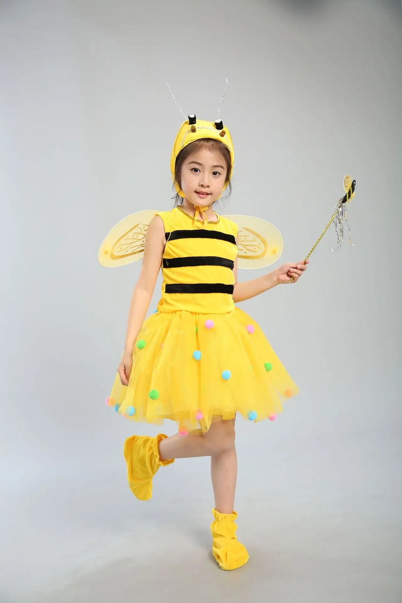 Bijenkostuum Kinderen Halloween Cosplay Set Bijenjurk met Vleugels Hoofdband Beenmouwen en Haarhoepel voor Show Dress Up