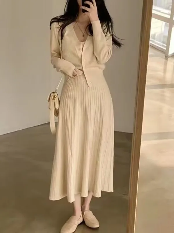 

Шикарный осенне-зимний длинный вязаный открытый кардиган с v-образным вырезом для похудения на бретельках Dr, женский модный комплект, длинные брюки на пуговицах