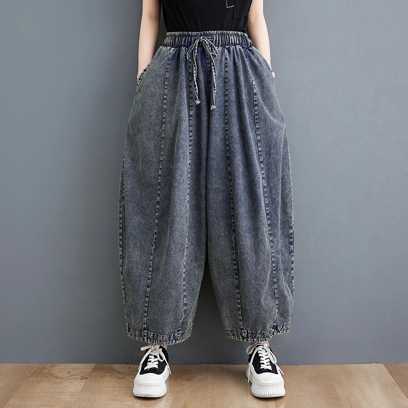 Spring Summer New 100kg Loose Jeans For Women Drawstring Simple Solid Color Black Vintage Cotton Female Lantern Denim Pants