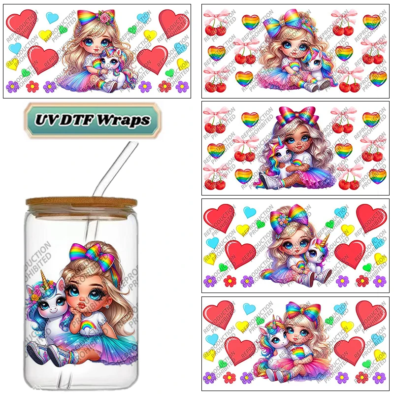 Rainbow Girl & Unicorn UV DTF Wraps, Cute Kawaii Cartoon Stickers for 16oz Glass Cans, Waterproof DIY Transfer Decals