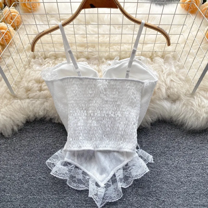 Vintage Lace Corset Bustier Women Spaghetti Straps Tanks and Camis Sexy Slim Crop Top Urban Chic Camisole Fashion Summer Clothes