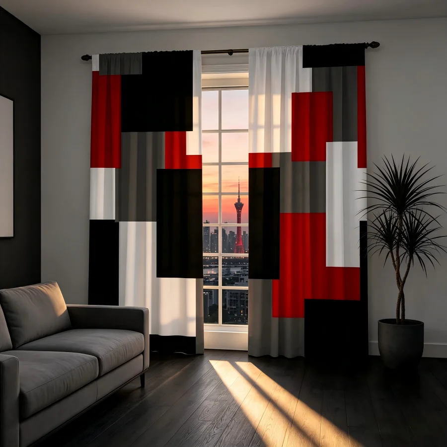 2PCS Digital Print  Curtain, Red Black Squares, Bohemian Style  Curtain Panel for Home Living Room Bedroom Decor