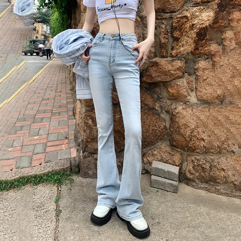 Girls High Waisted Jeans Woman Clothing Ladies Casual Streetwear Lim-Fit Denim Trousers Female Vintage Bell-bottoms Vy6286