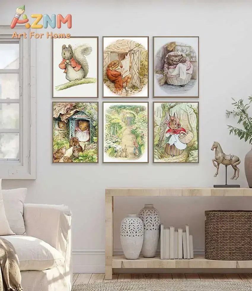 AZNM Beatrix Potter Canvas Poster Peter Rabbit Squirrel Hedgehog Frog Vintage Watercolor Animal Story Art Print Nursery Kids Roo