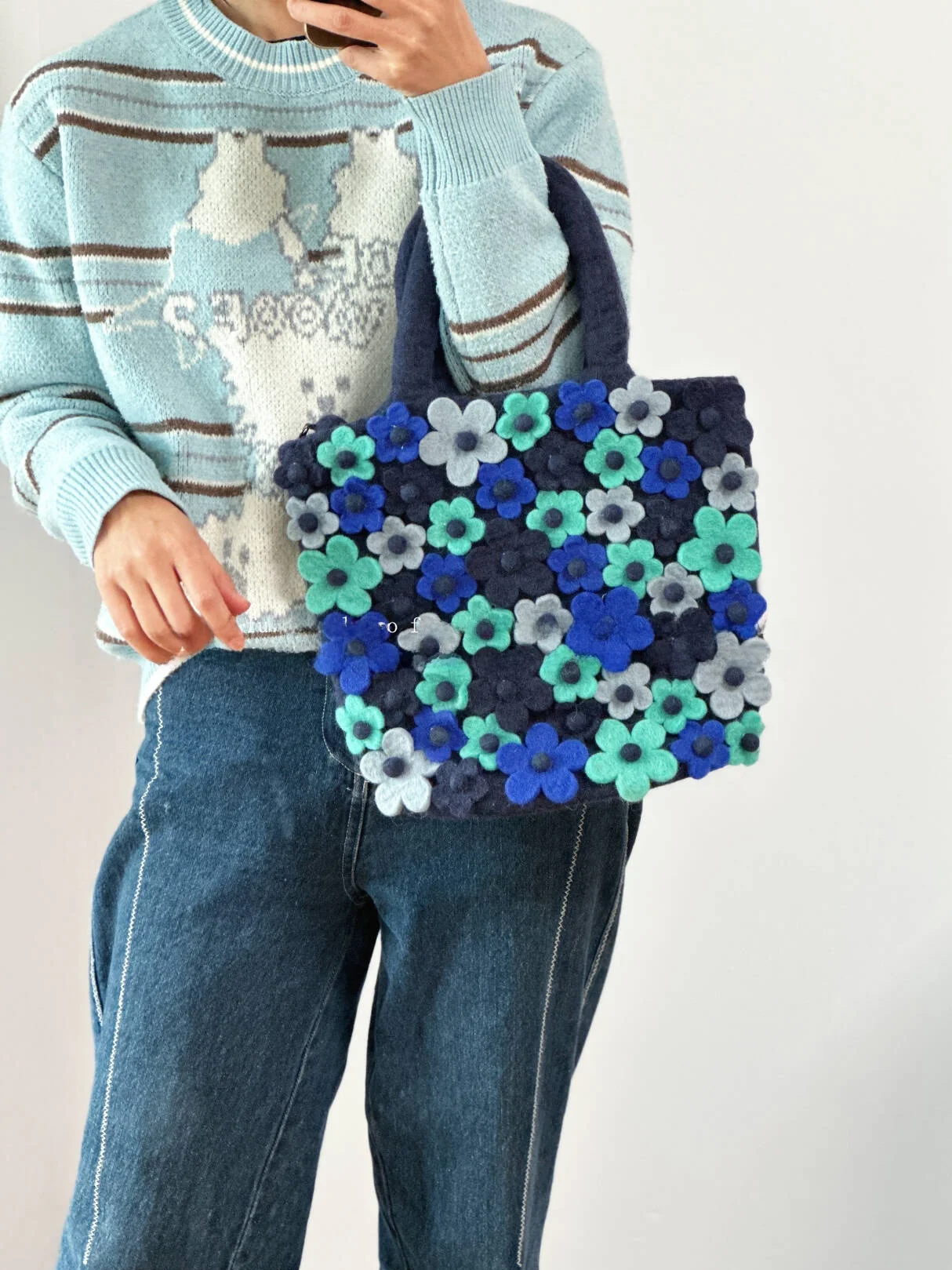 Handmade Wool Felt Tote Bag Korean Style  Flowers Hand Twisted Blue Forest System Artistic Tot Bag Floral Pattern Handbag