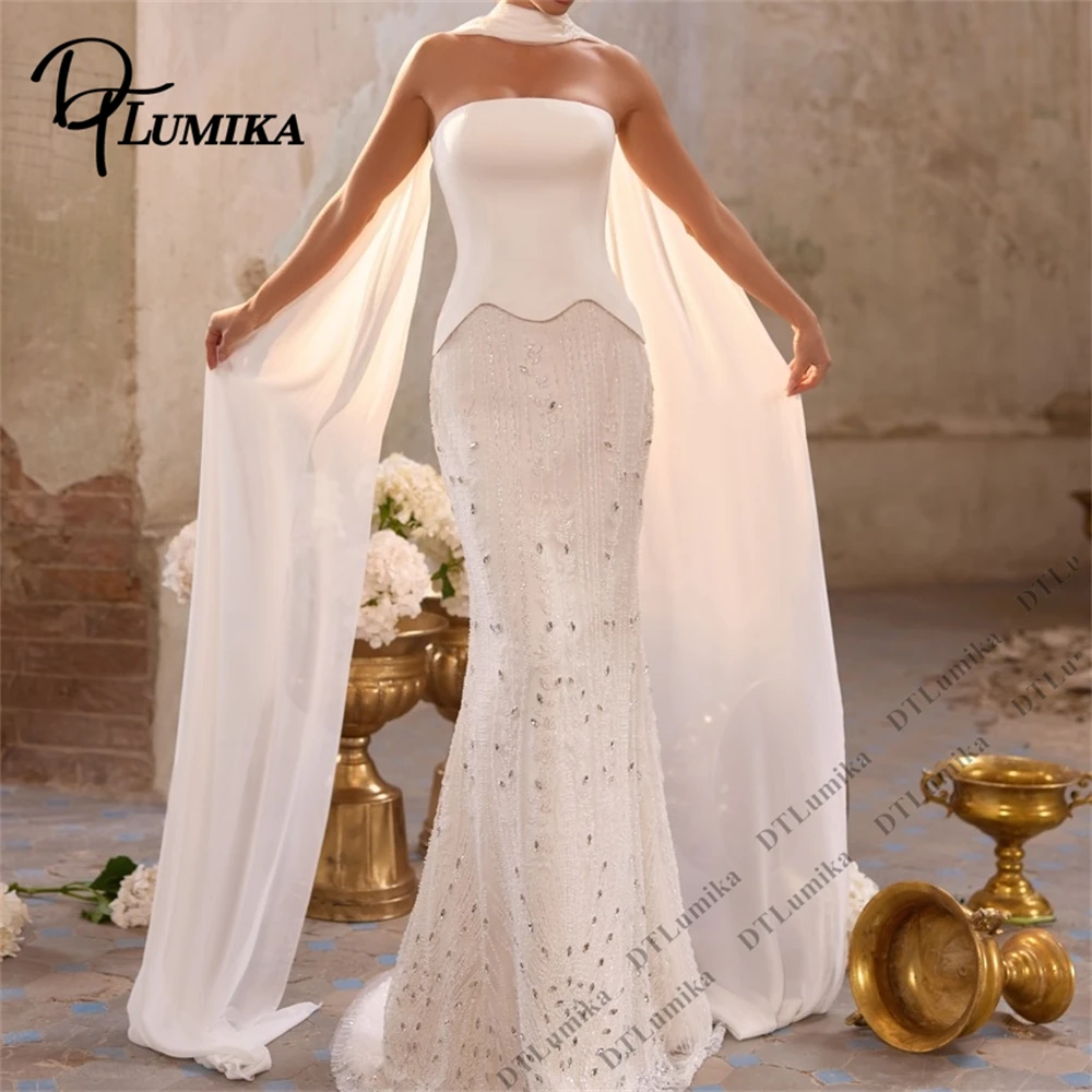 DTLumika Customized 2026 Modern Bride Dress Scarf Neck Mermaid Long Wedding Dresses for Women, Strapless Satin Bridal Gown