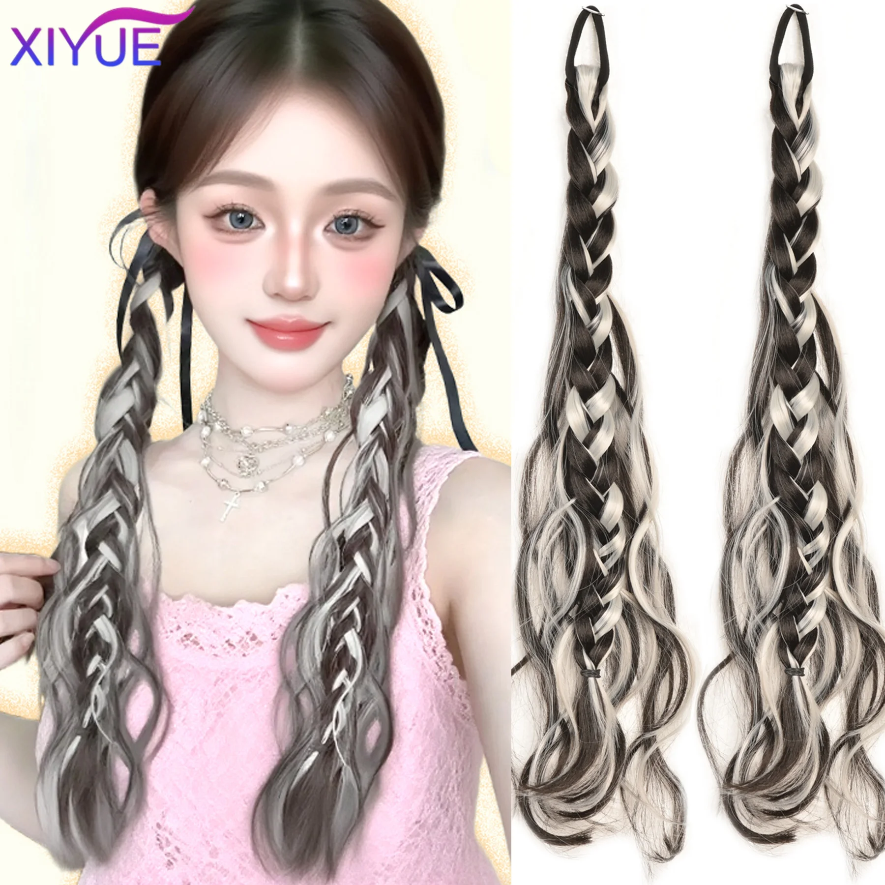 

y2k Synthetic wig pink blue grey highlighted ponytail artificial hair double twisted braids boxing braids Messy Beauty