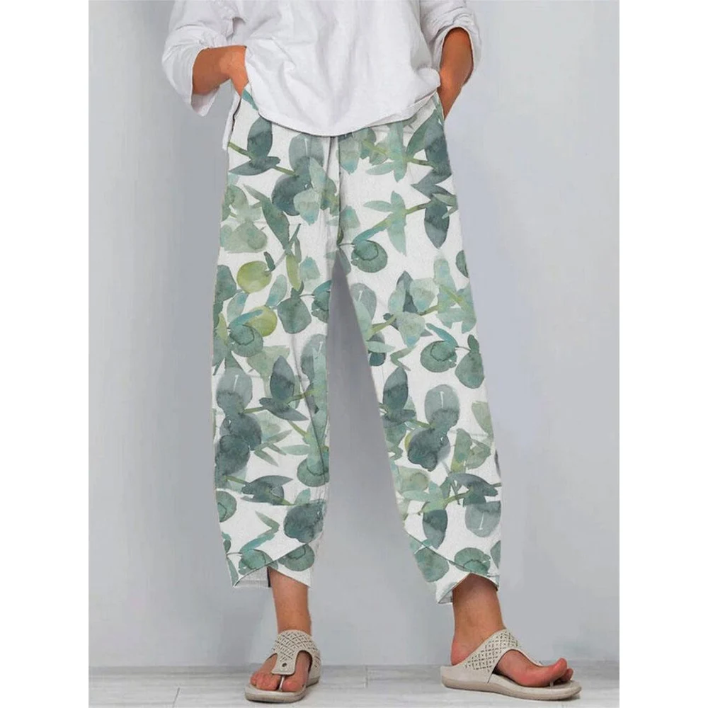 CLOOCL Pants Women Loose Casual Pockets Trousers Summer Eucalyptus Print Ankle Slit Design Ankle-Length Pants Farmhouse Style