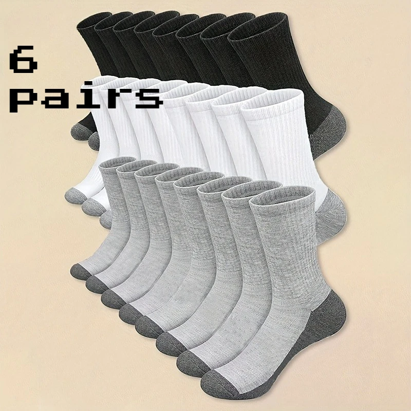 6 pairs, unisex autumn and winter contrasting color medium tube socks, breathable and comfortable casual socks