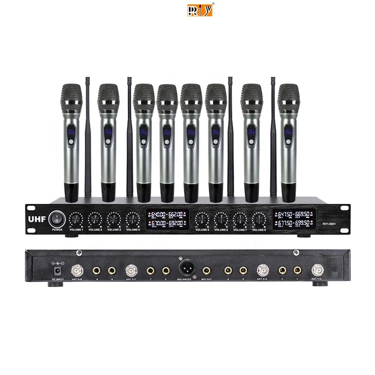 

RIY-0801 Professional Wireless Microphone System Eight-Channel Wireless Mic for Church Singing