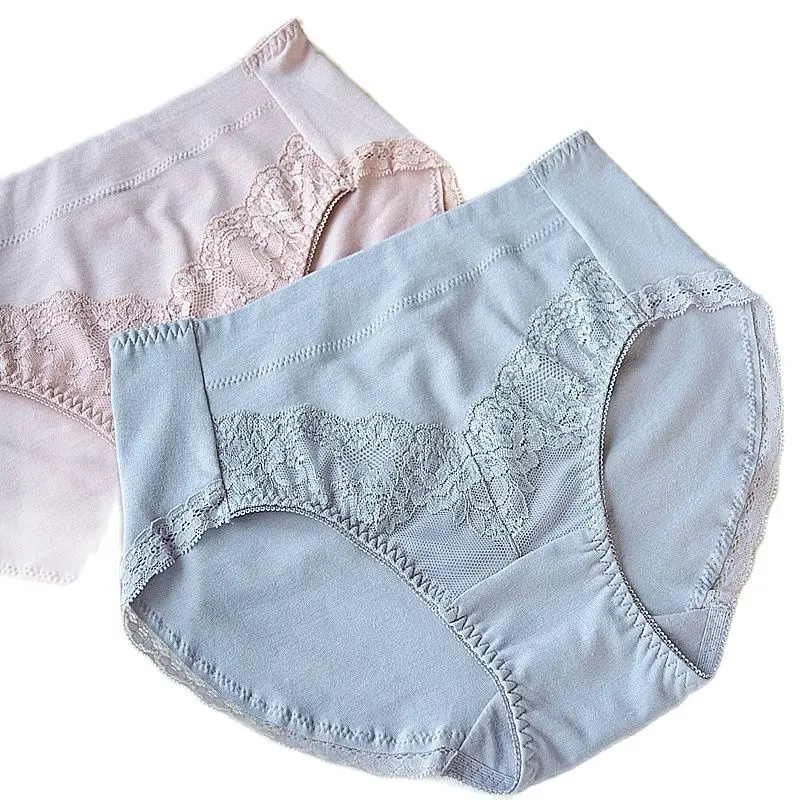 High Waist Ladies Briefs  Women Cotton Panties  Modal Cotton Fabric Lace Side Solid Color Underwear