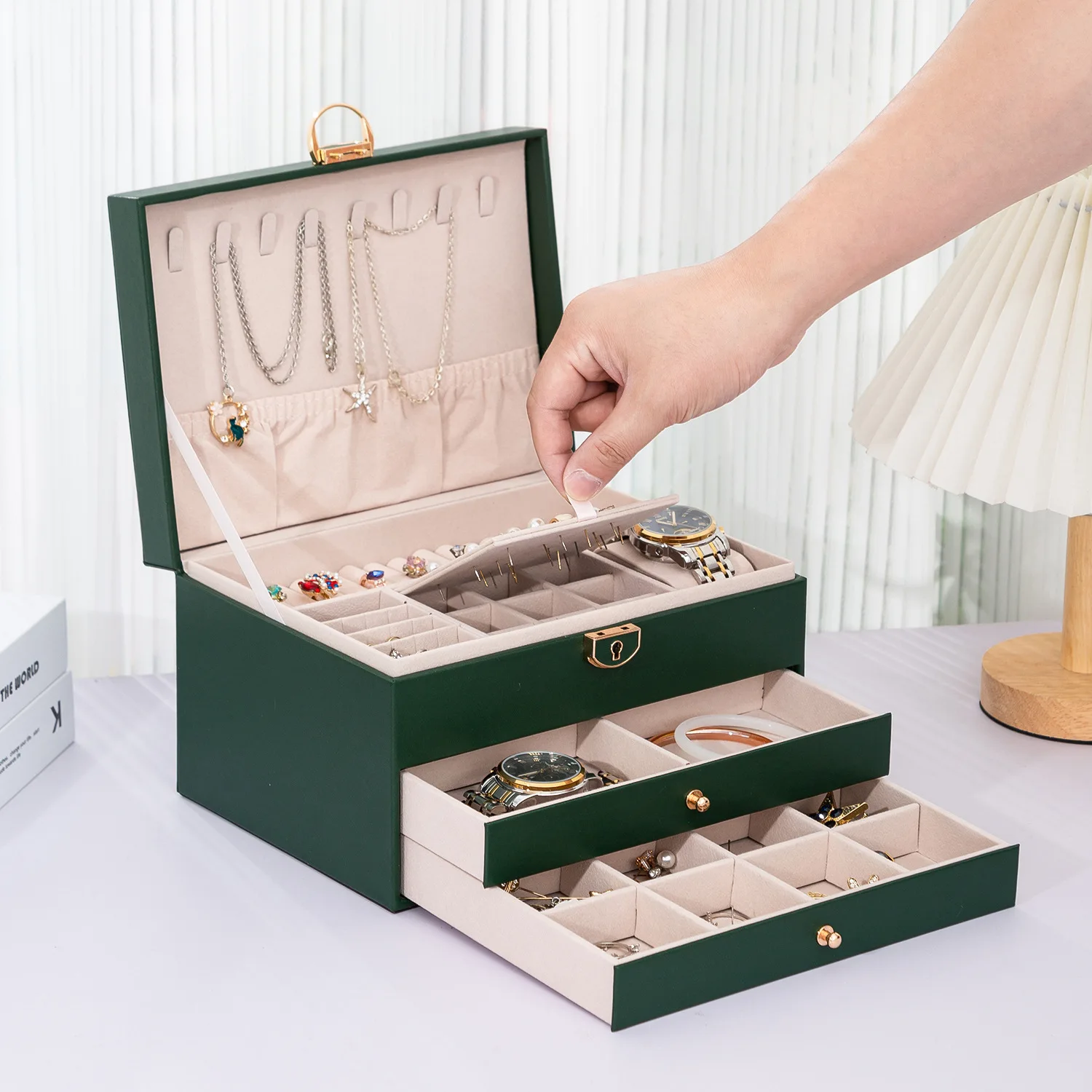 New PU Jewelry Box, Earring Watch Jewelry Organizer with 2 Full Pull -out Drawers, Lockable Design, Ring Antioxidant Jewelry Box