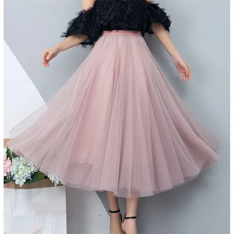 Korean Ladies Mid Length Version Mesh Long Skirts Summer Female A-line Half Length Skirt Women High Waisted Fashion Maxi Skirt