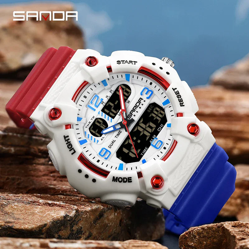 SANDA 6181 Fashion Men's Dual Display Electronic Watch Luminous 50M Waterproof Multifunctional Student Digital Watches for Men