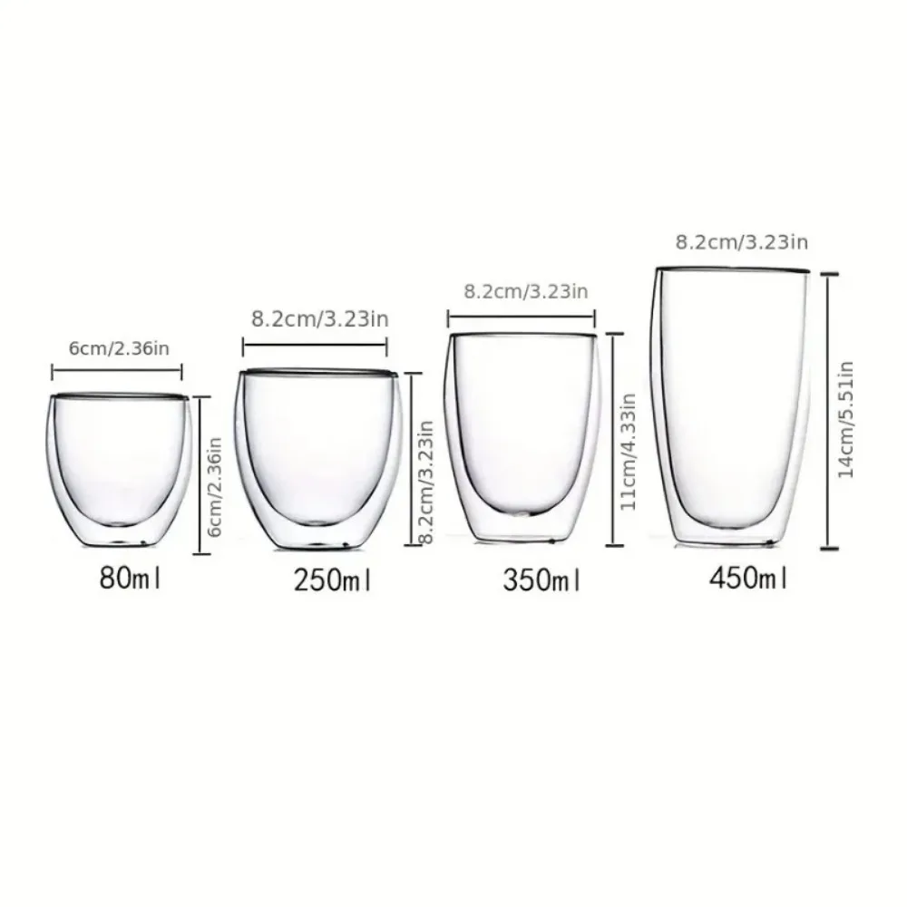 6pcs Double-Wall Insulated Glass Espresso Cups 80/150/250/350/450ml Insulated Thermal Glass Coffee Mug for Tea/Juice/Milk, Latte