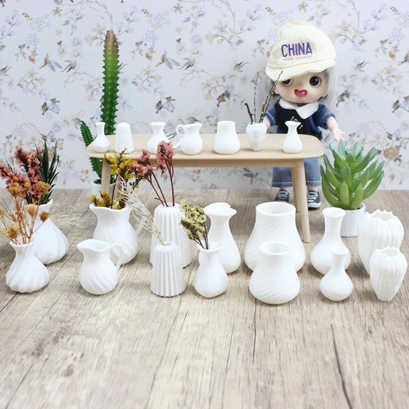 7 pièces/ensemble maison de poupée Miniature blanc Art Vases poupée maison fleur Arrangement décor poupées maison scène artisanat modèle ornements-jouet