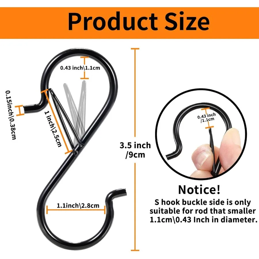 خطافات معدنية على شكل حرف S باللون الأسود لتنظيم المنزل واستخدام الحديقة، حل تخزين متين شديد التحمل مع 12 قطعة لـ #3