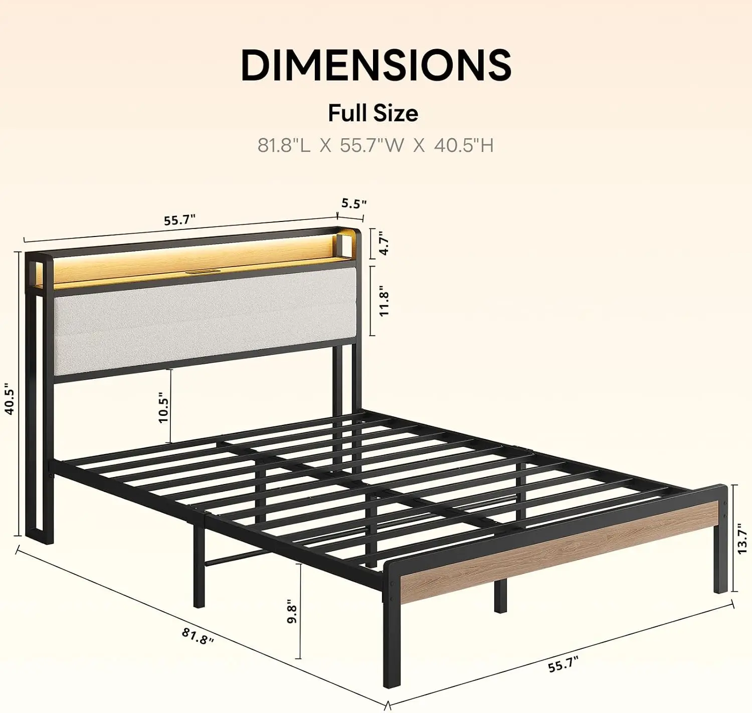 Full Size Bed Frame Featuring a Headboard, LED Lights, and an Integrated Charging Station