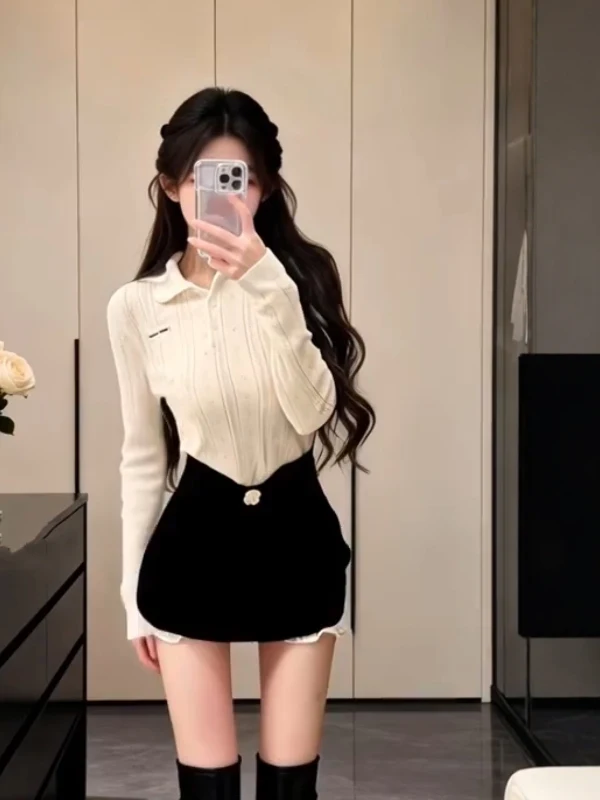 

Slim Fit Neck Knitwear And Skirt Set for Women Spring Season White Color French Style Two Piece Suit High Waist Skirt