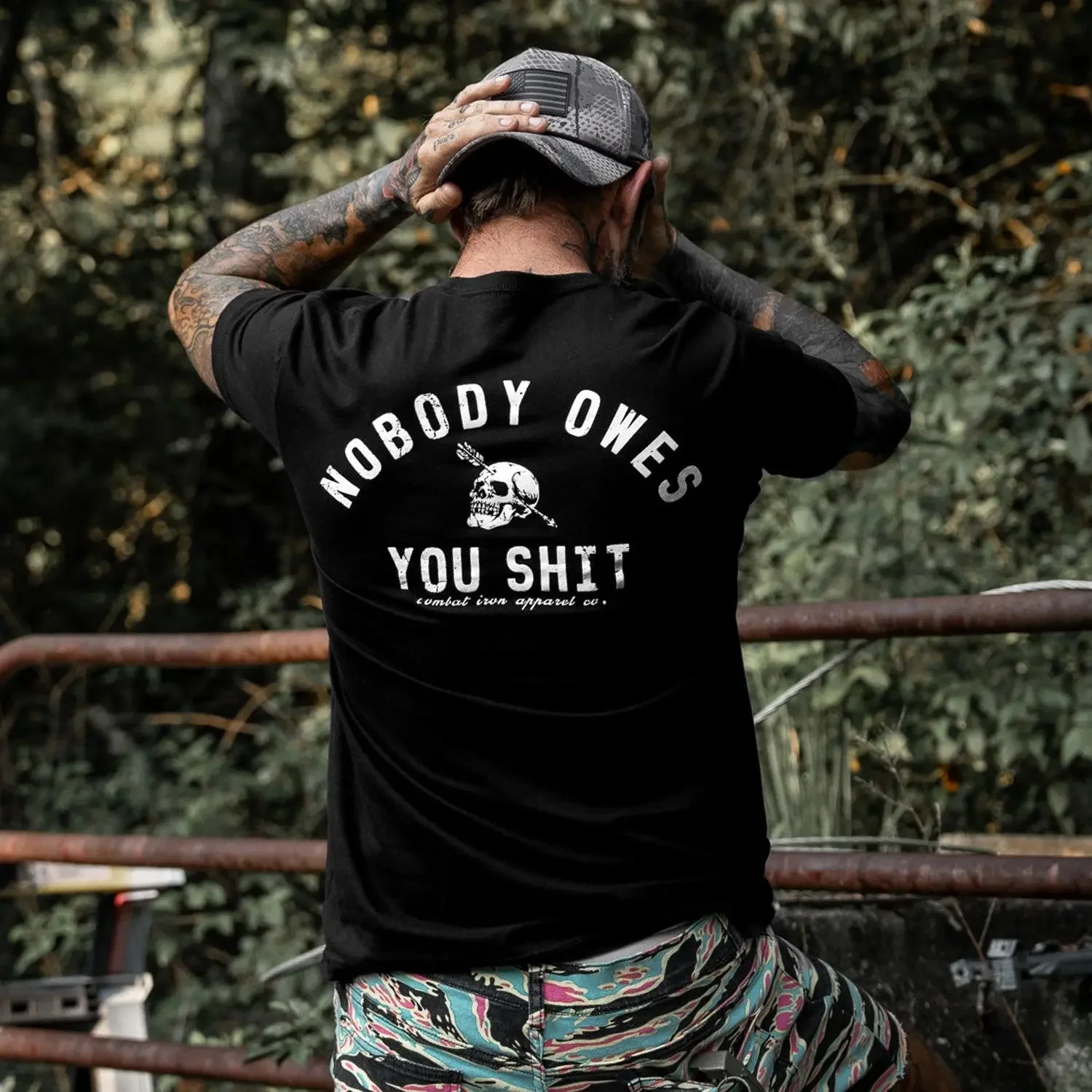 COMBAT IRON Menswear Short-Sleeve Round Neck Cotton T-Shirt for Men - Skull Graphic, 