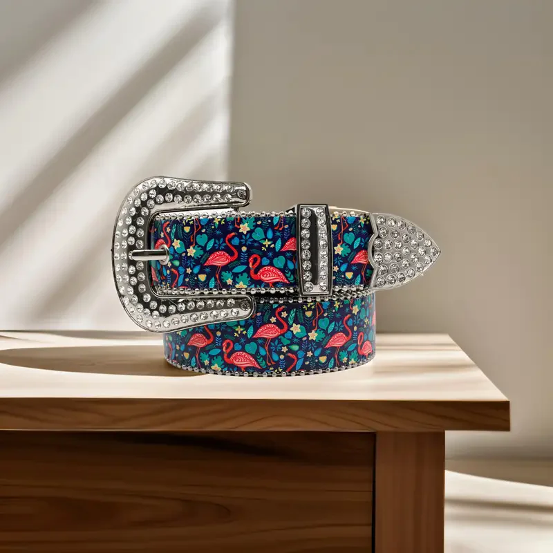 Original Design, Novel and Fashionable Flamingo Print Belt for Women, Artificial Inlaid with Rhinestones, Alloy Buckle Belt,
