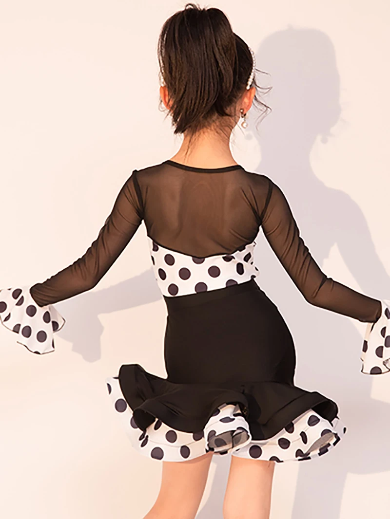 키즈 소녀 라틴 댄스 메쉬 도트 프린팅 바디수트와 스커트 볼룸 룸바 댄서웨어 트레이닝 차차 공연 의상