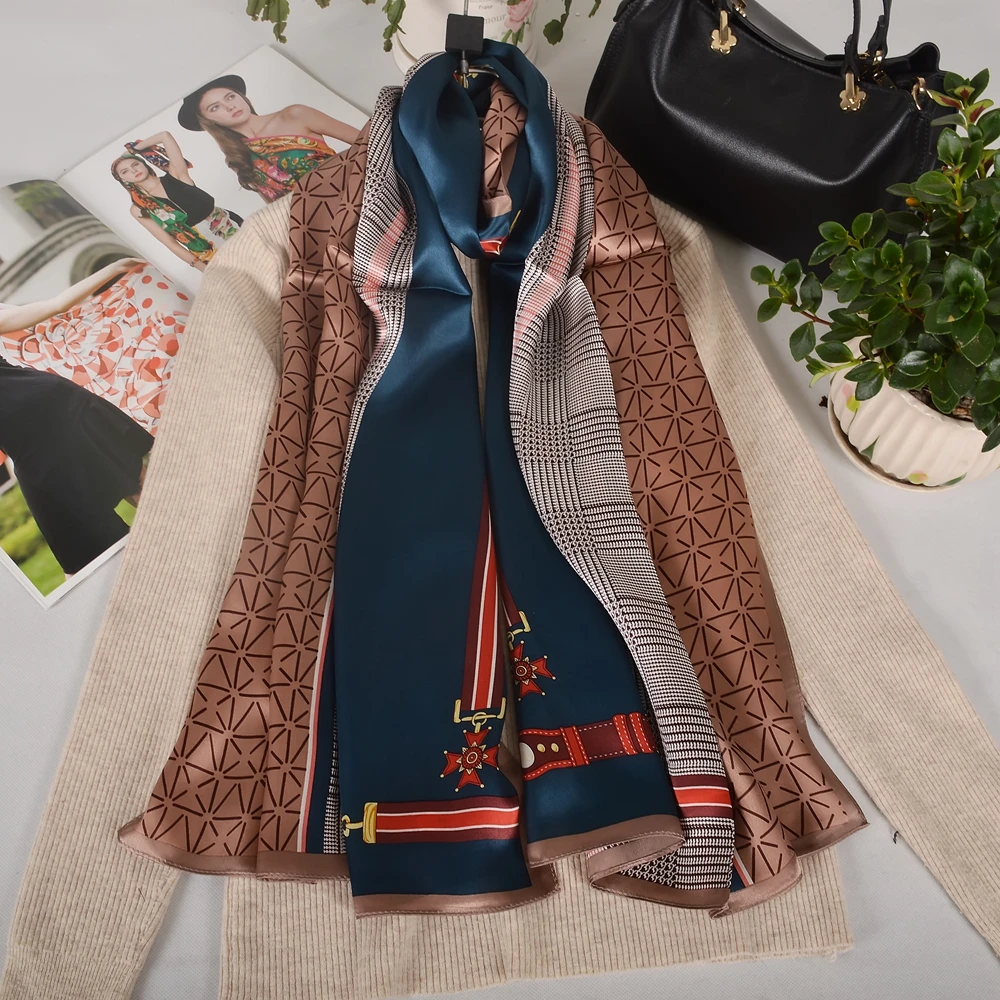 

Новый хаки-зеленый женский шарф из 100% шелка, шаль, осень-зима, длинные шарфы на шею, хиджабы, новый клетчатый полосатый платок, шелковая накидка для волос