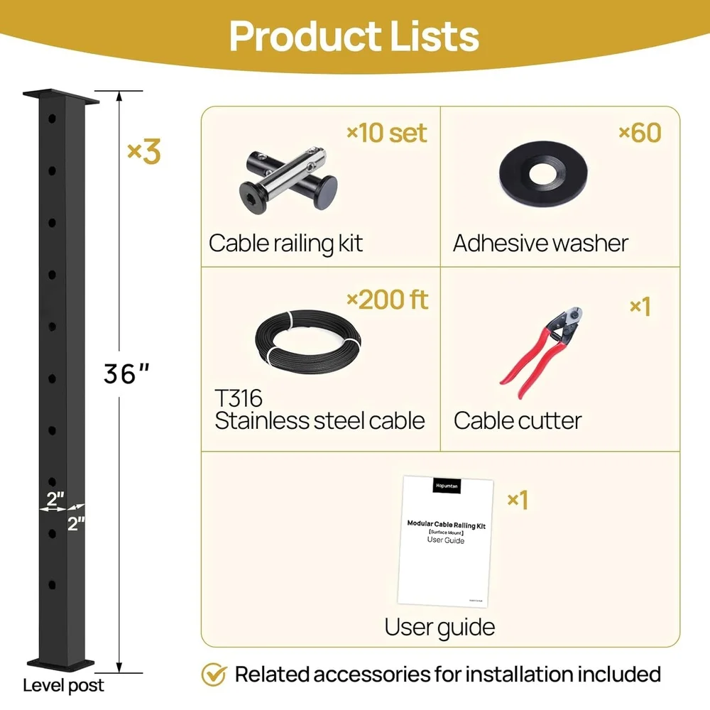 36" Cable Railing System Complete Set Stainless Steel Level Drilled Posts Kit Fixed Top No Handrail Easy Installation