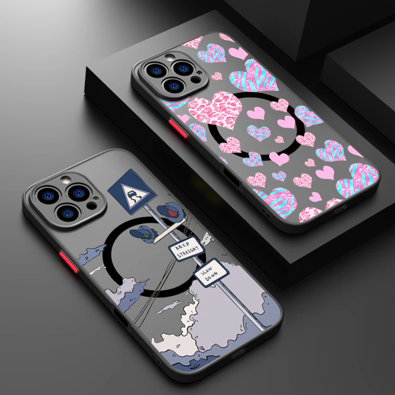 Magnetic Road Signs Love Heart Phone Case For iPhone 16e 15 14 Pro Max 13 12 Pro 16 15 14 Plus 11 Magsafe Soft TPU Acrylic Cover